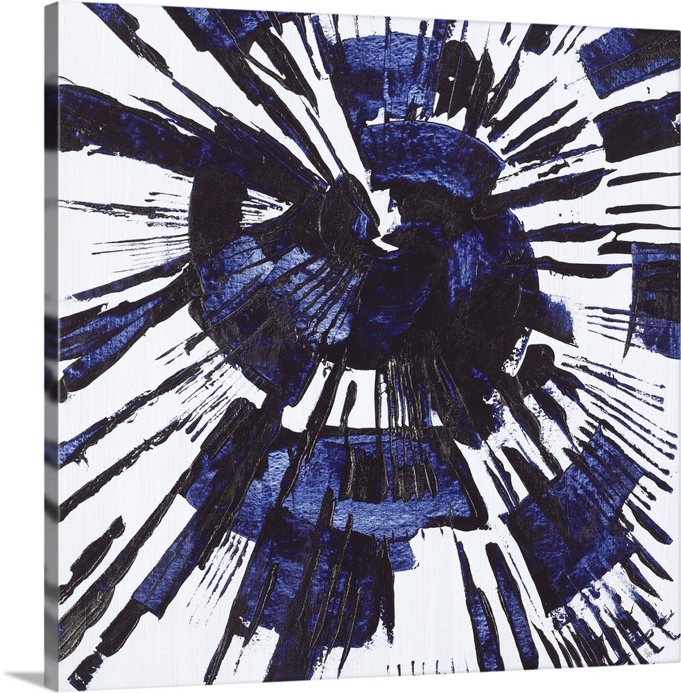 Square abstract painting with a blue circular splatter design on a gray background.