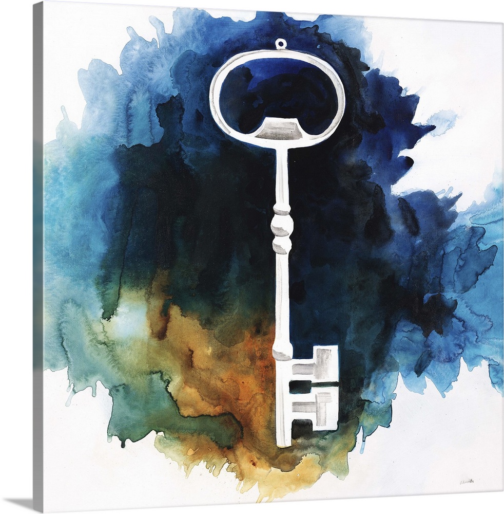 Contemporary abstract painting of an old white skeleton key against a background of vibrant watercolor-like tones.