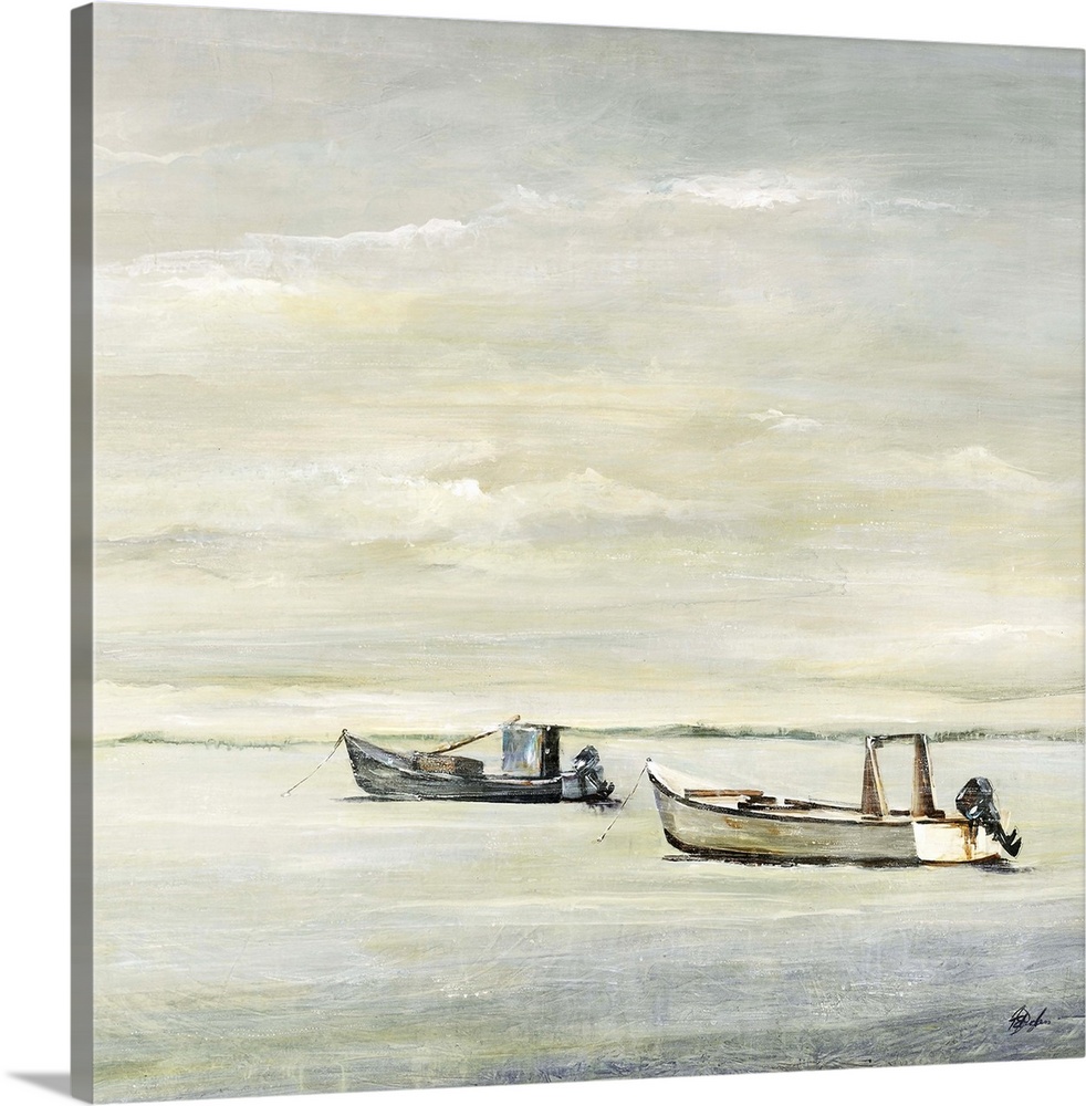 Painting of two small fishing boats sitting in calm water beneath a cloudy grey sky.