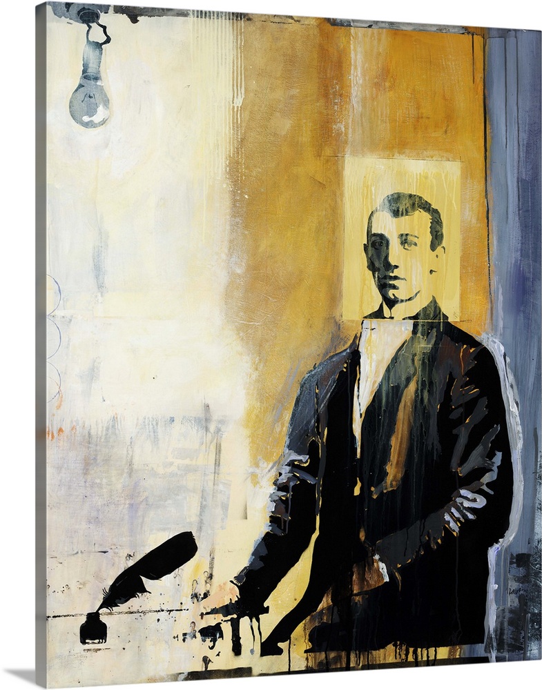 Figurative painting of a man in a jacket, standing at a table next to a feathered pen and bottle of ink.  A single lightbu...