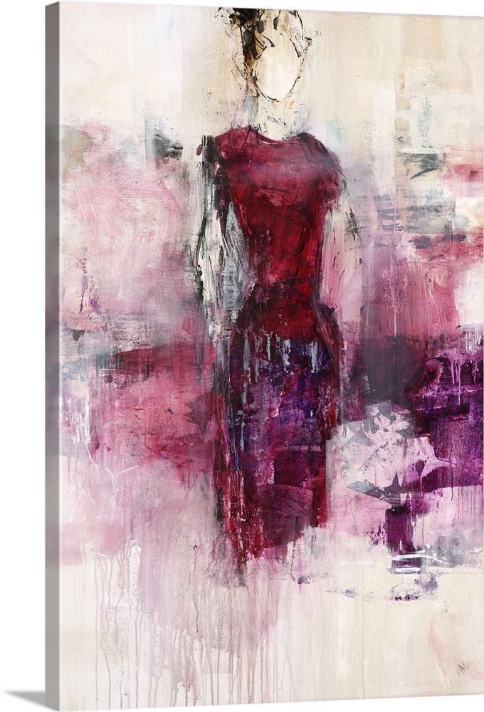 Contemporary figurative painting of a woman wearing a purple dress surrounded by an ethereal smokey purple haze.