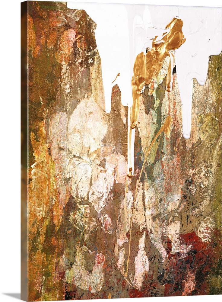 Contemporary abstract artwork in rusty browns and gold with white.