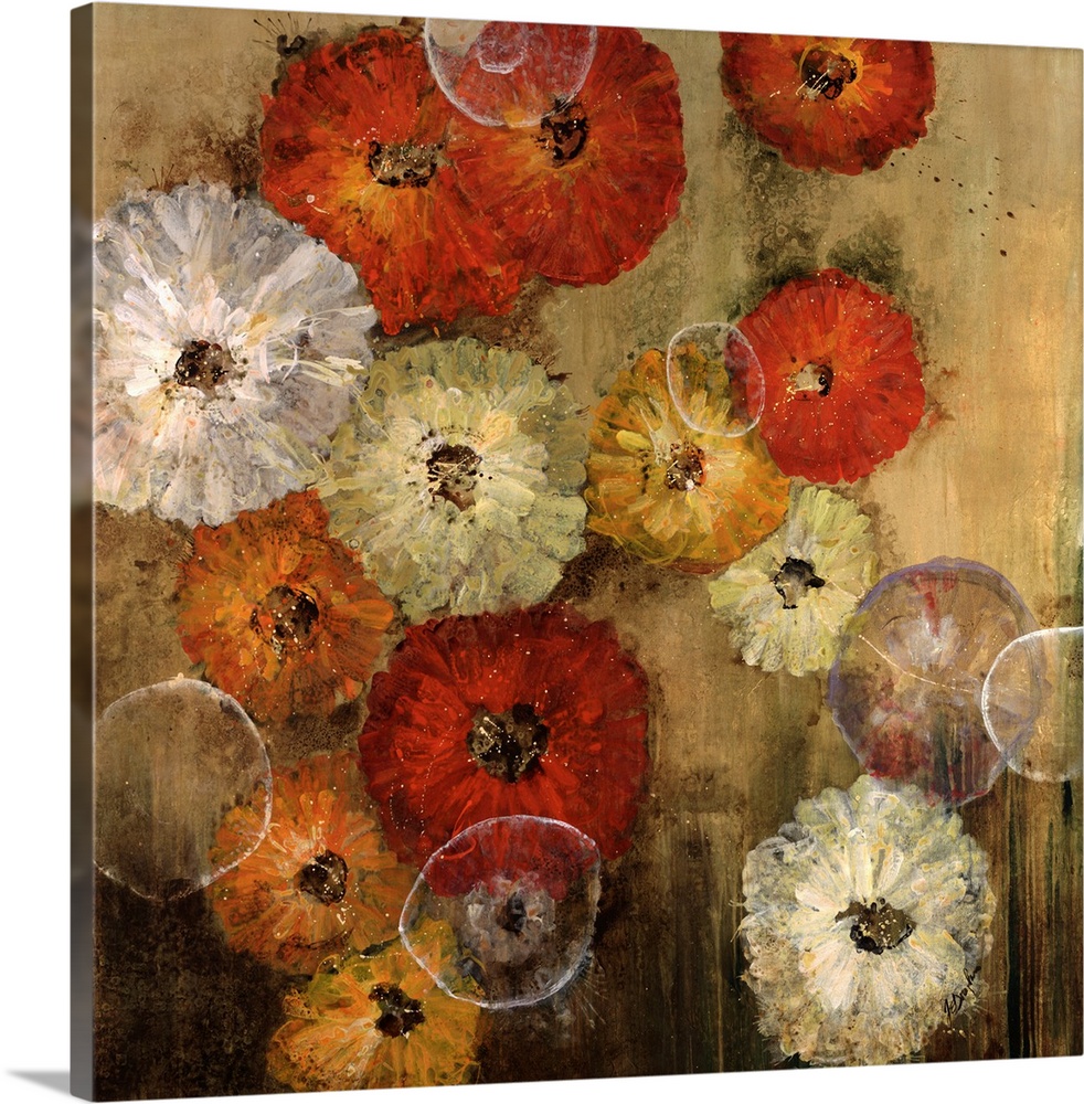 Contemporary painting of floral collage, with flowers of different sizes and color.