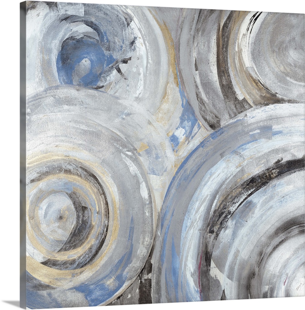 Contemporary abstract painting of circle with concentric rings in light blue and gray tones.