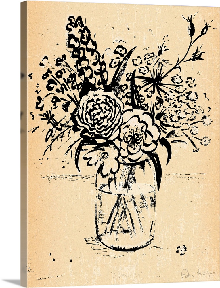 1940's vintage style wall art of a bouquet of flowers illustrated in black ink wash on distressed sepia paper.