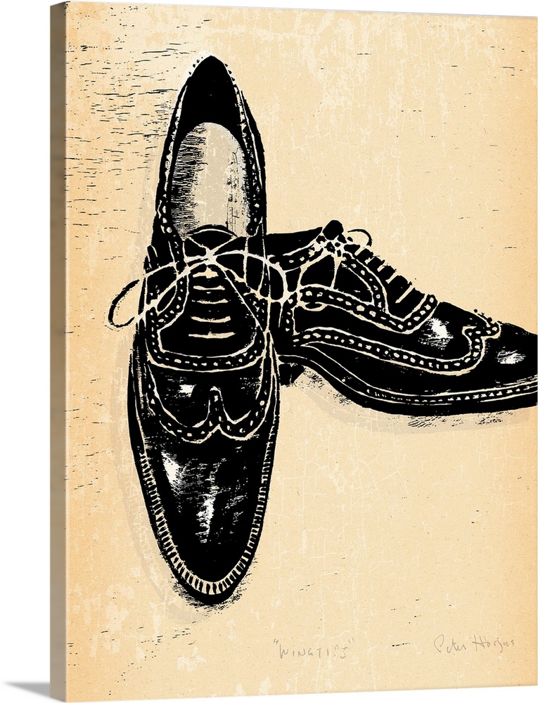 1940's vintage style wall art of a pair of wingtip shoes illustrated in black ink wash on distressed sepia paper.