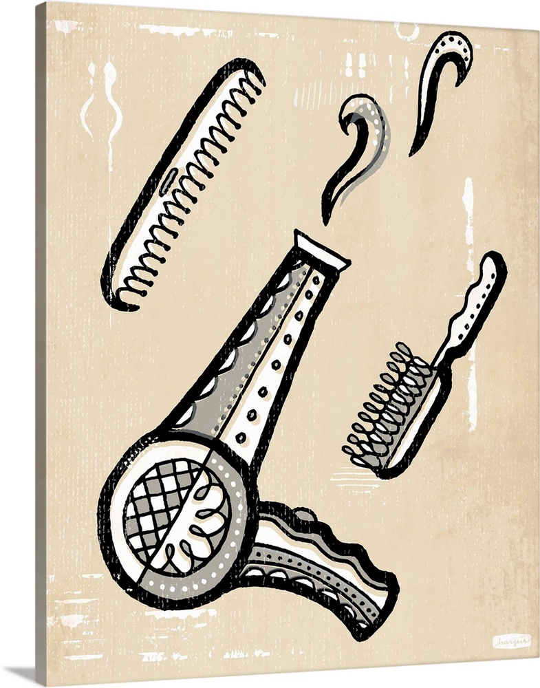 1960's vintage style wall art of a hair dryer and hair brush illustrated in black pen and ink line on distressed sepia paper.