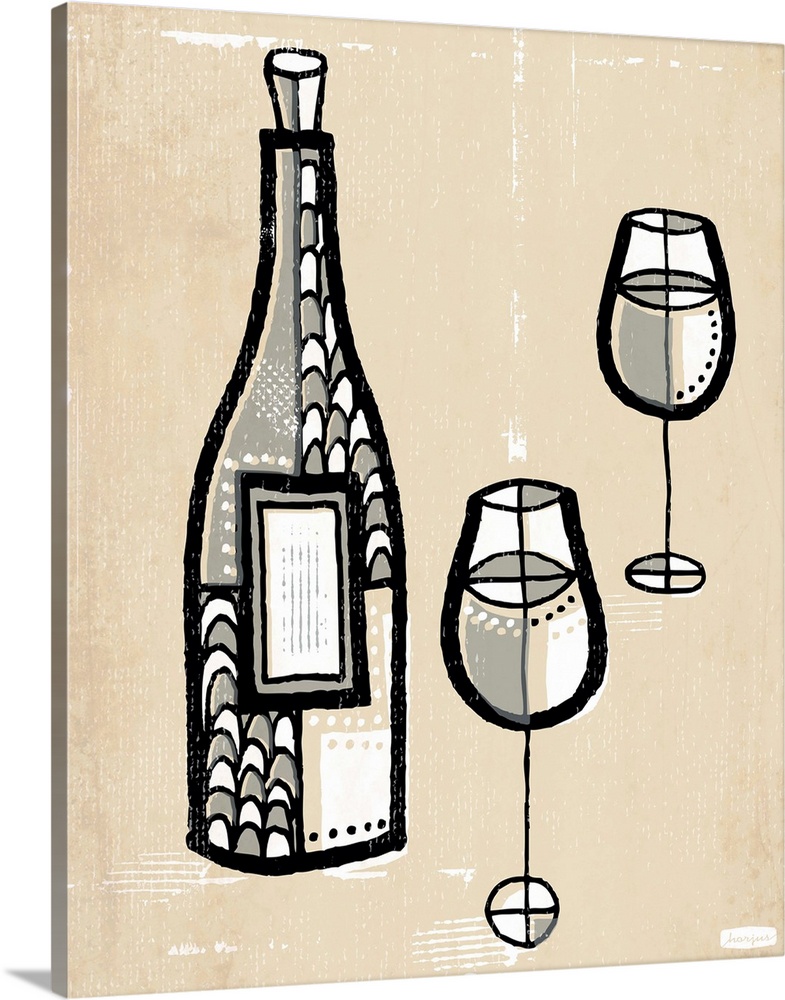 1960's vintage style wall art of bottle of wine and two wine glasses illustrated in black pen and ink line on distressed s...