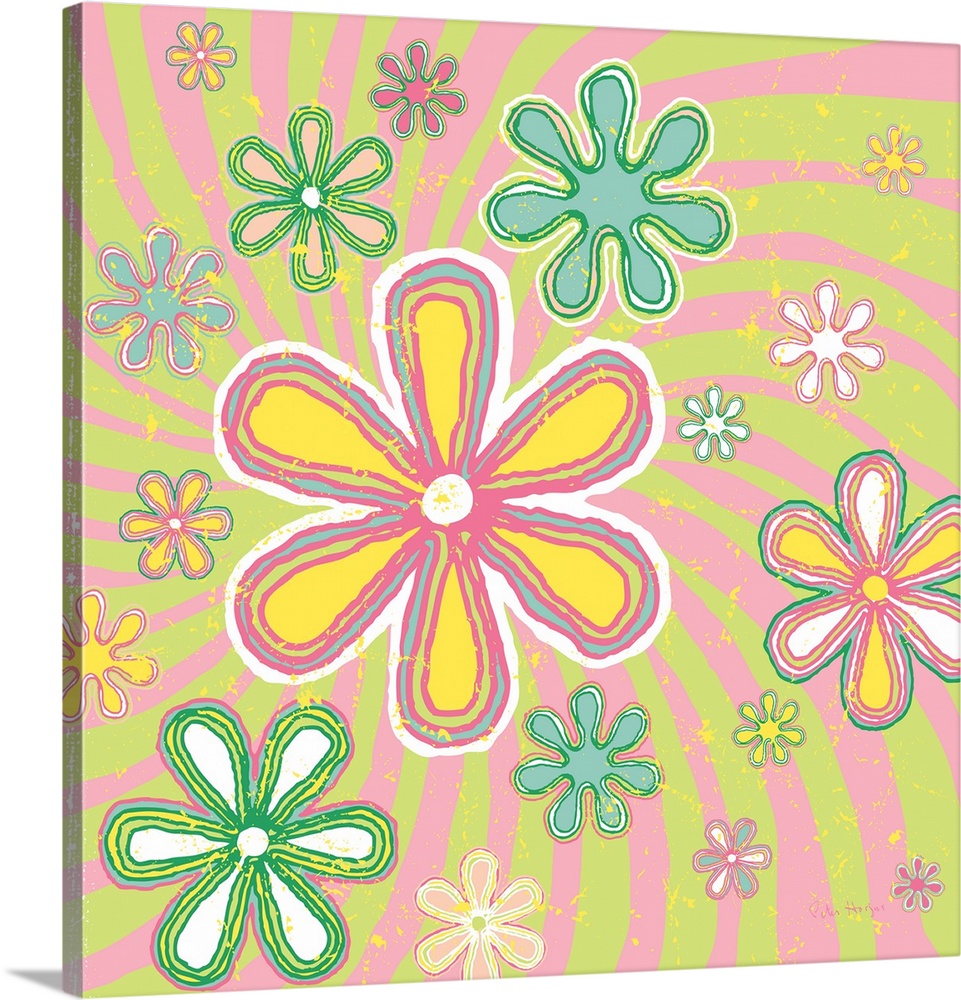 1970's retro style wall art of a retro style sky of daisy flowers illustrated in pen and ink line.