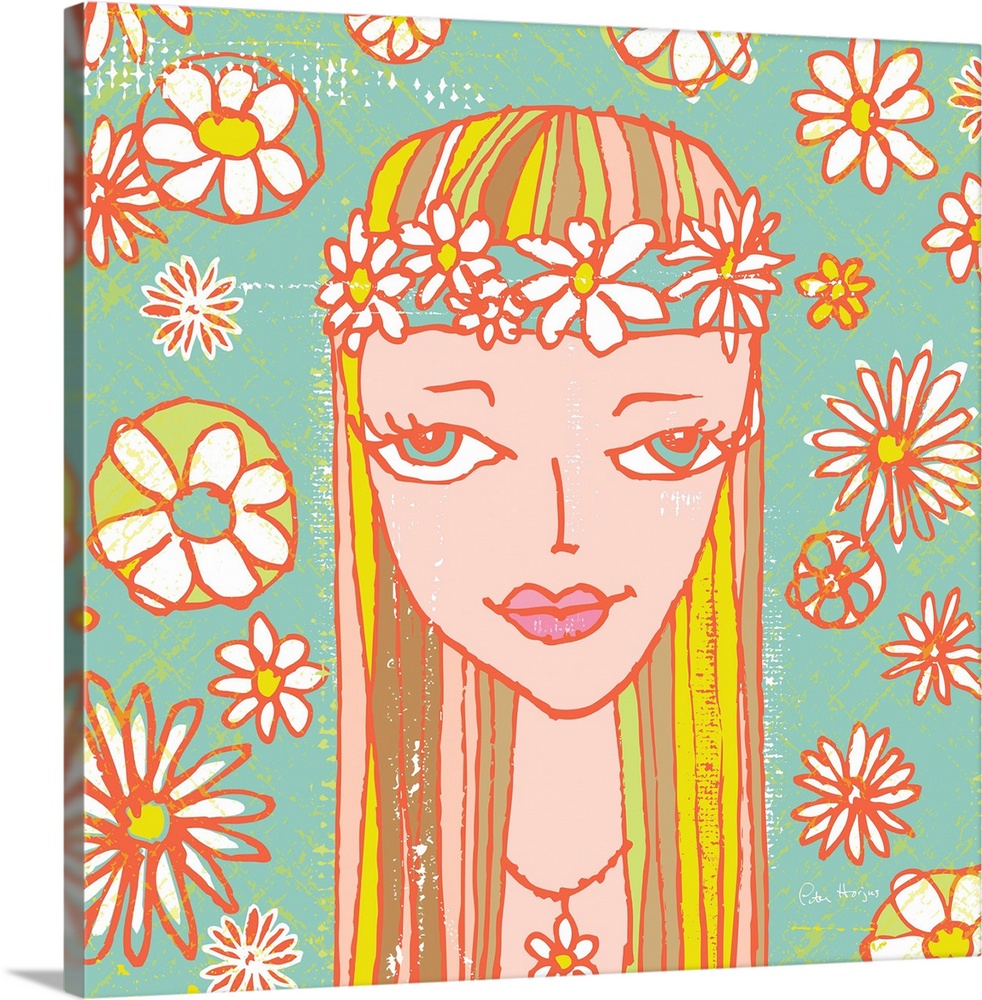 1970's retro style wall art of girl with groovy flowers in background illustrated in pen and ink line.