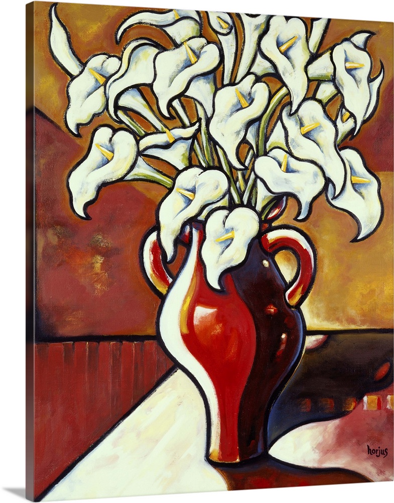 A painting of a large bouquet of white lilies in a large red vase.