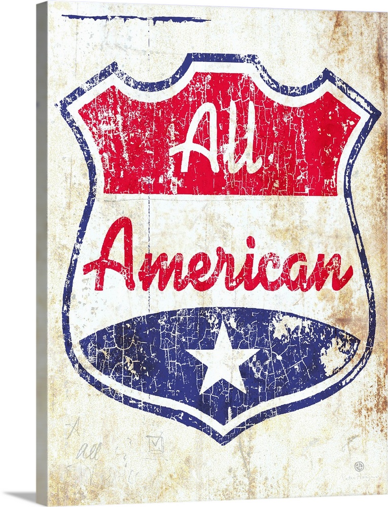 A red, white and blue crest or shield with the words All American on an old aged, distressed, and rusty background.