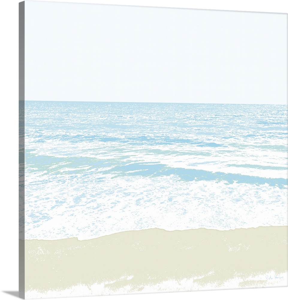 A simple graphic of a peaceful ocean beach with small waves and gleaming sand in the foreground.