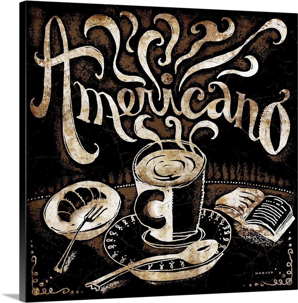 An americano coffee cup with a buttery croissant on the side, along with an open book and the word Americano illustrated i...