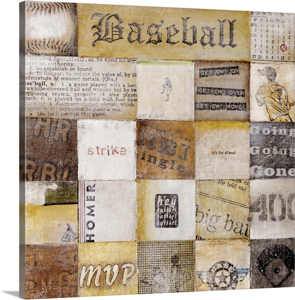 Distressed collage of retro baseball images, terms and sayings in a checkerboard pattern.