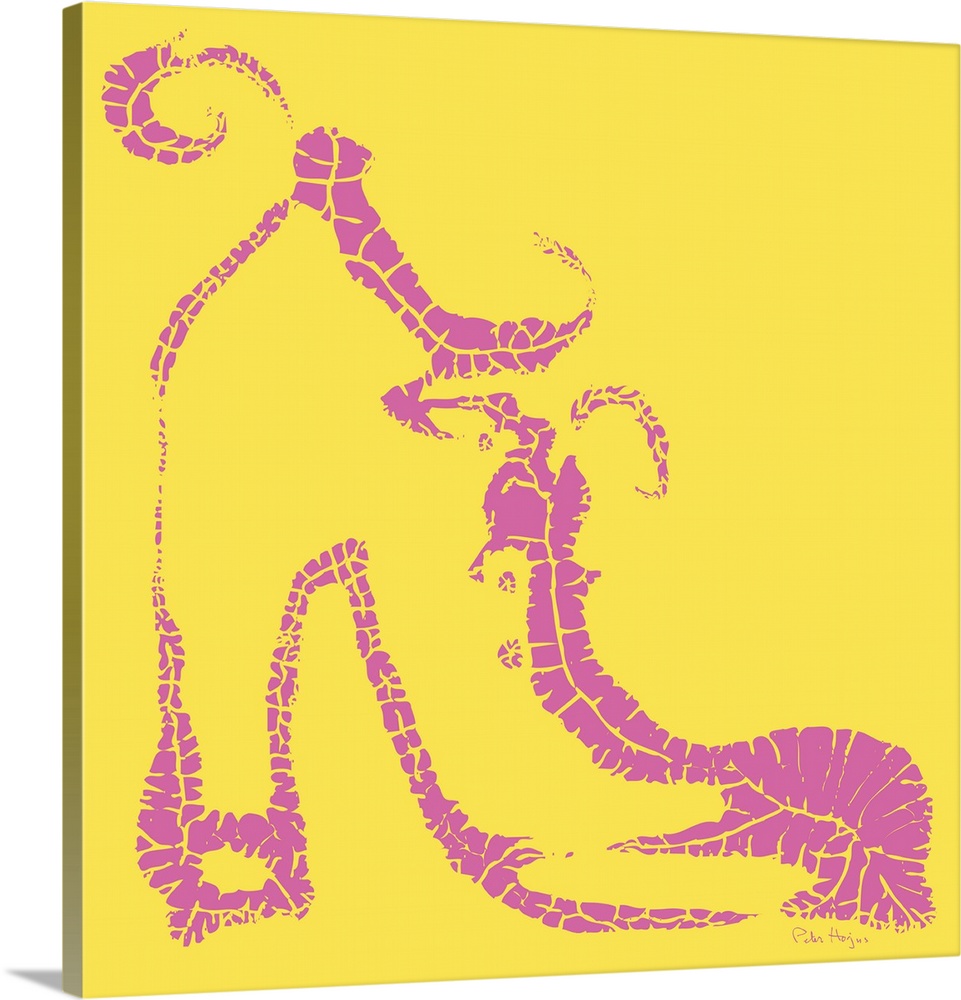 A bold graphic of a simple pink fashionable shoe on a yellow background.