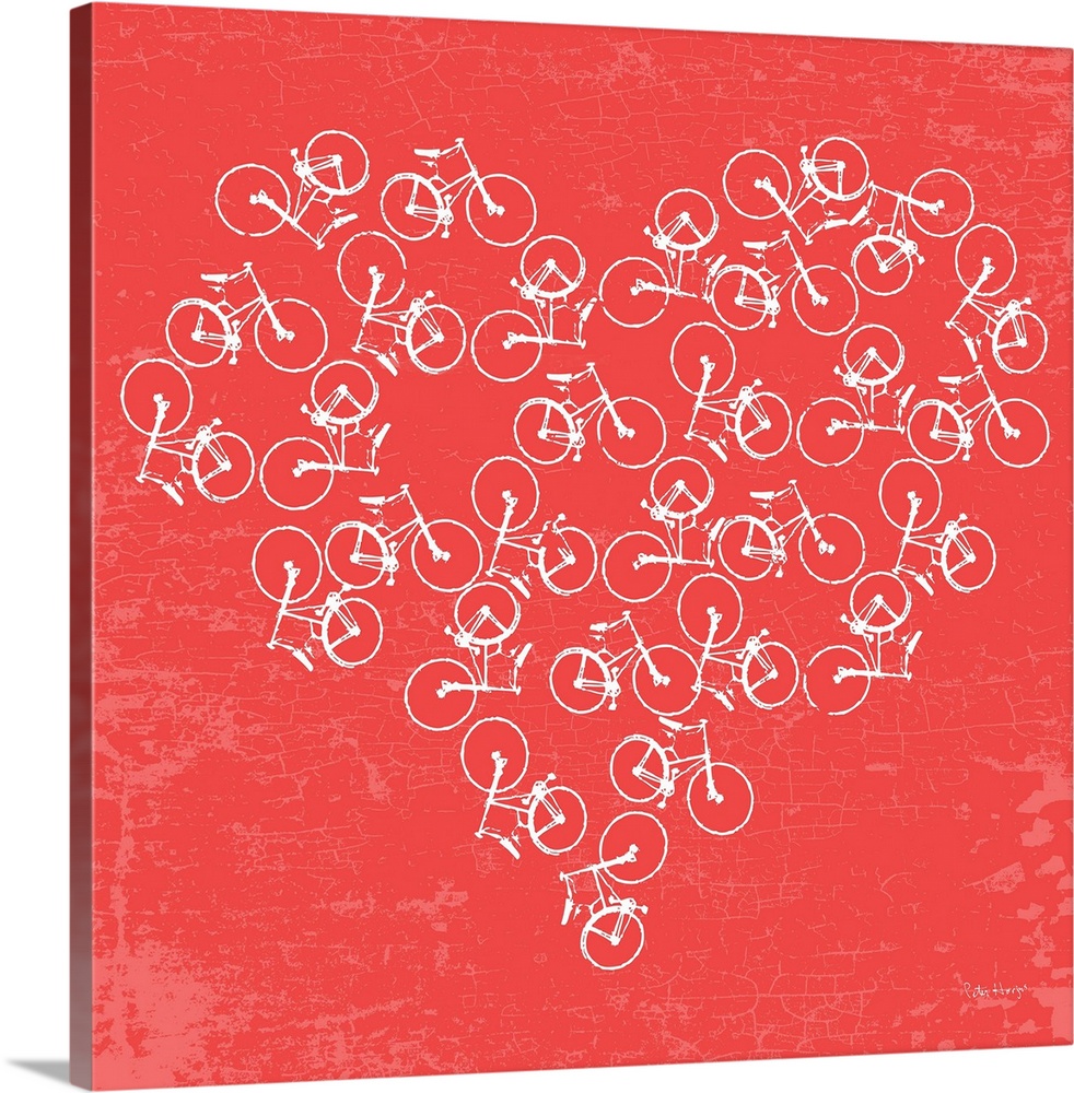 Many illustrated white bikes arranged in the shape of a heart on a red background.