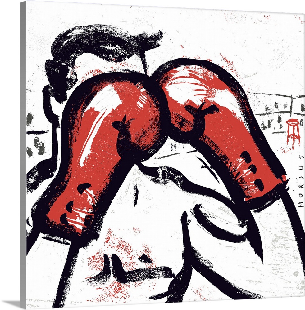 Boxer in boxing ring with red boxing gloves up, protecting his face.