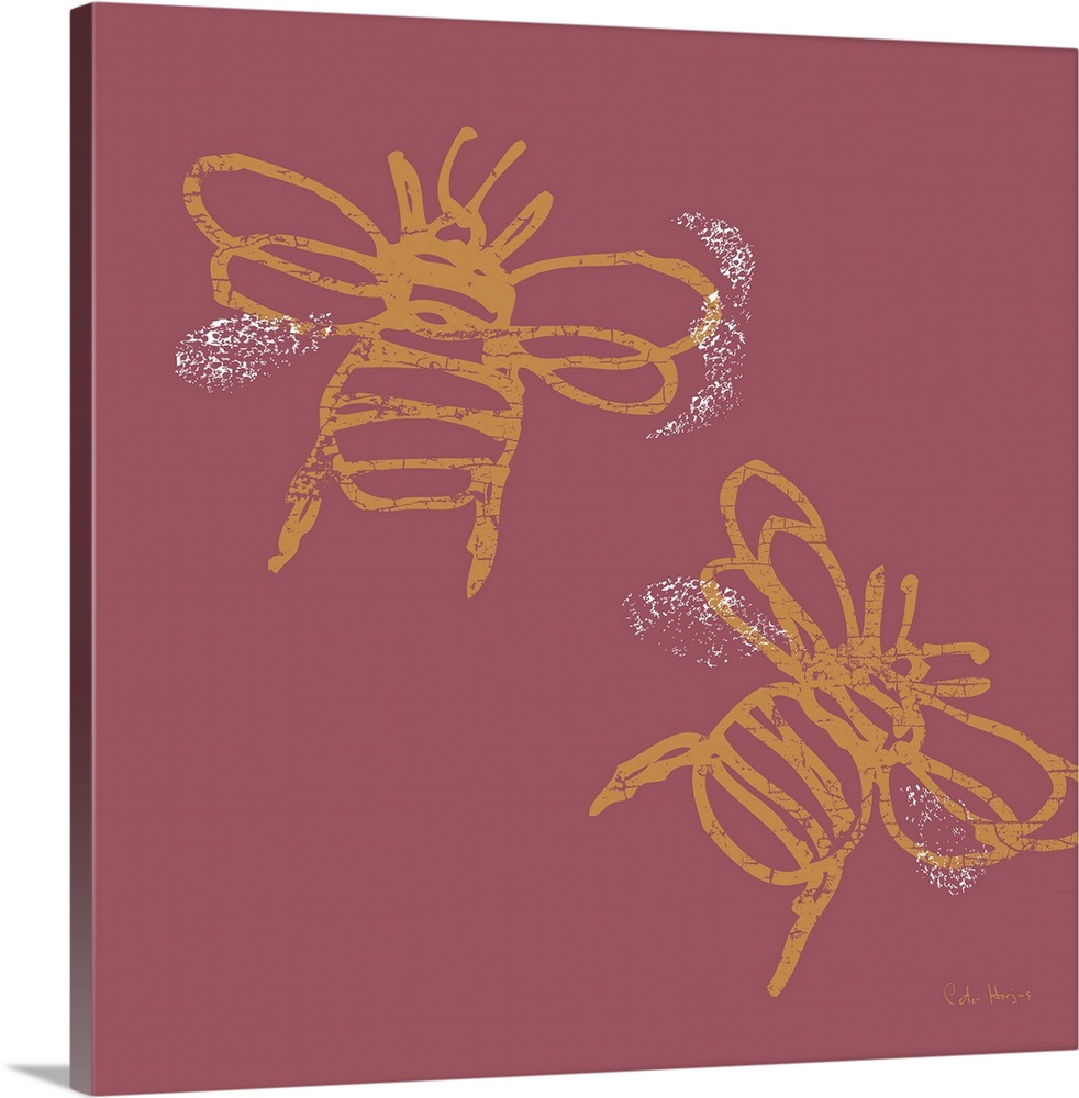 Two yellow busy bees buzzing around depicted in a simple minimalist art fashion on a solid red background.