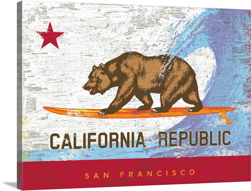 Wall art of the California state bear flag with the bear surfing on a surfboard with wave behind and city name of San Fran...