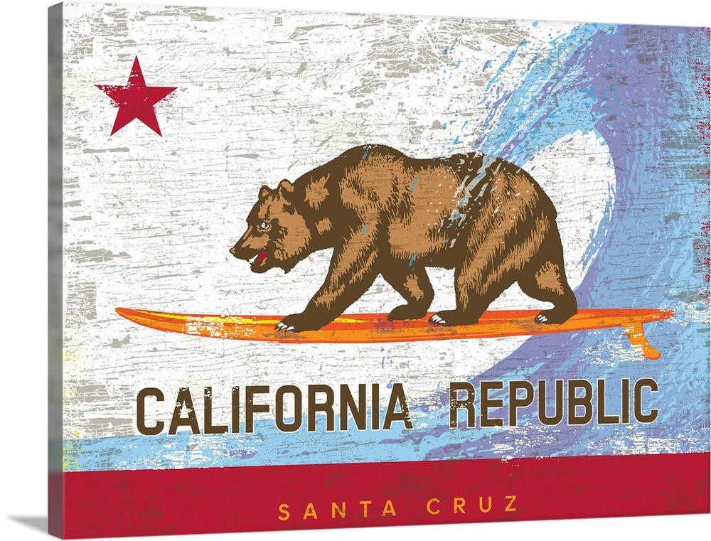 Wall art of the California state bear flag with the bear surfing on a surfboard with wave behind and city name of Santa Cr...