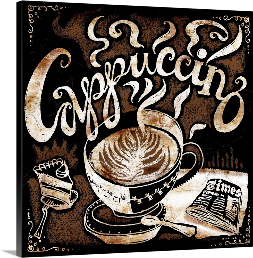 A perfectly poured cappuccino with a side of cake and a newspaper, with the word cappuccino illustrated in cursive script ...