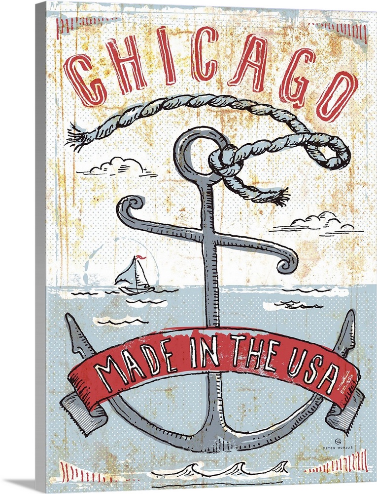Illustrated vintage, worn, and rusty artwork of Chicago's seaport harbor, with an anchor and a ribbon that says made in th...