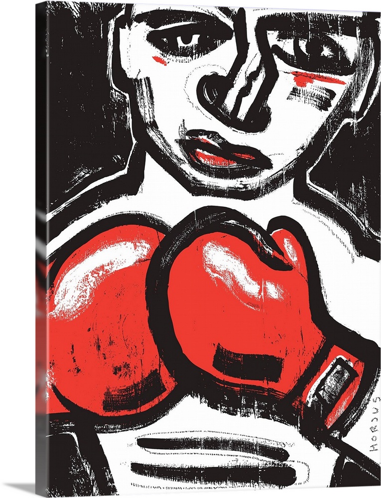 Black and white painting of a fighting boxer with red boxing gloves.