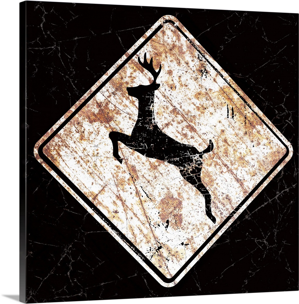 A black and white, worn, distressed, and rusty deer crossing street sign