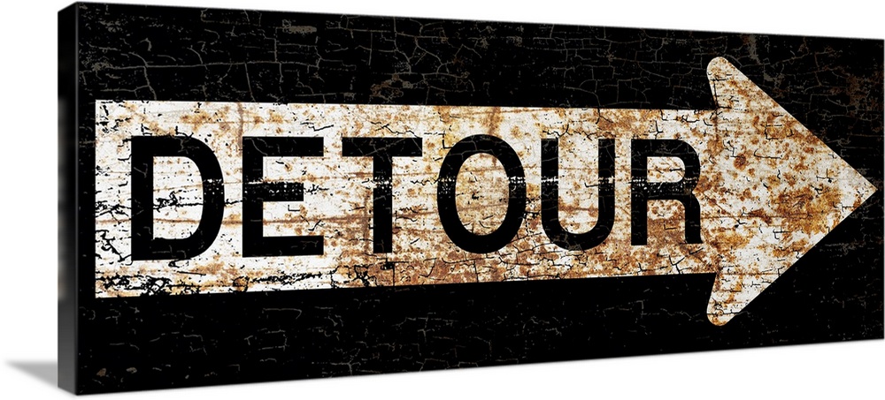 A worn, distressed, cracked and rusty Detour street sign.