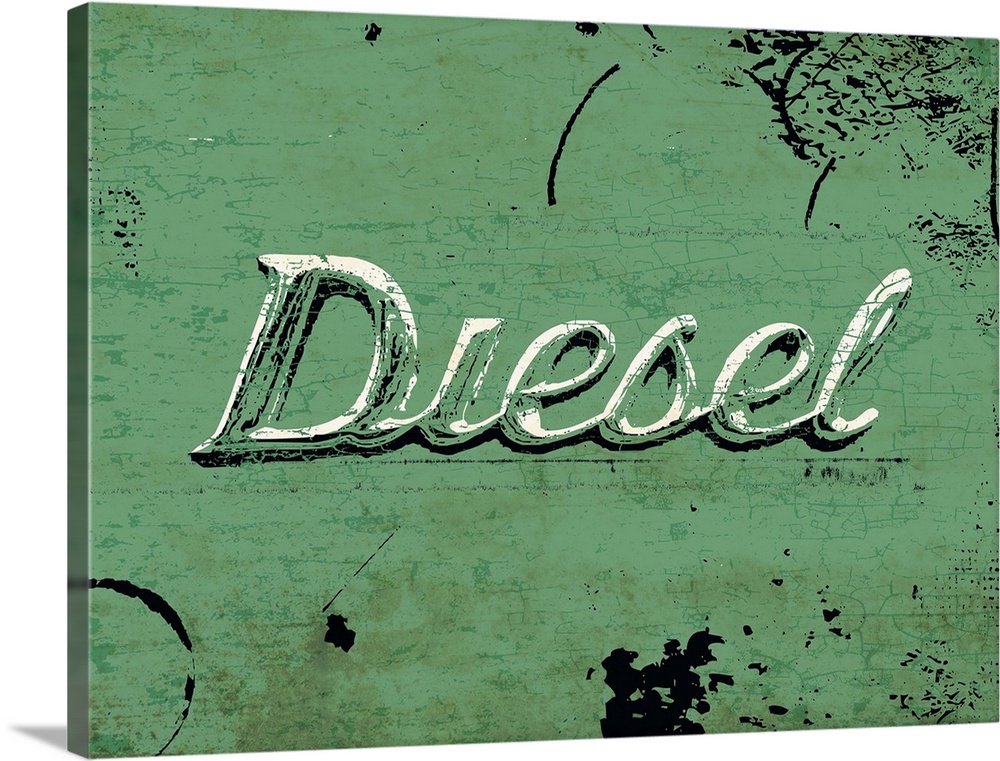 Graphic rusty wall art of distressed typography with the the word DIESEL large and in center on a green background.