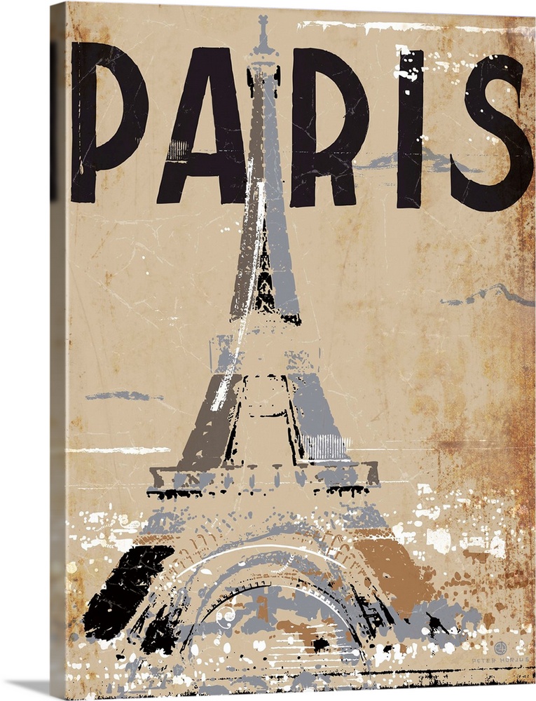 The Eiffel Tower with the hustle and bustle of the city against a tan background with the word Paris written at top.