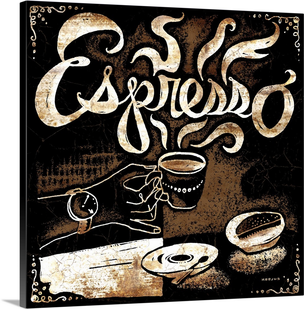 A person holding an espresso cup with a biscotti on the side with the word Espresso illustrated in cursive script above on...