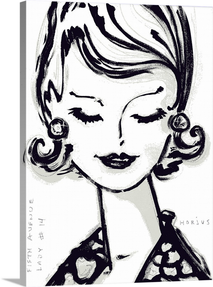 An ink wash painting of a vintage 1950's woman's face with big eye lashes looking down.