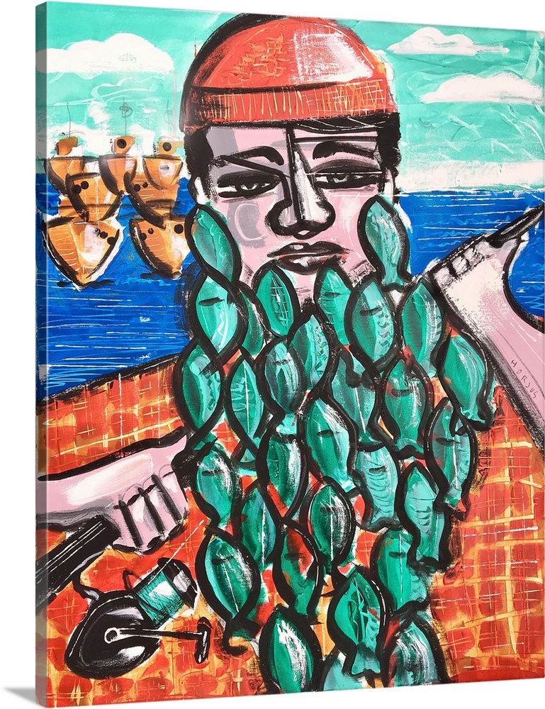 Painting of a fisherman with fish as his full beard.