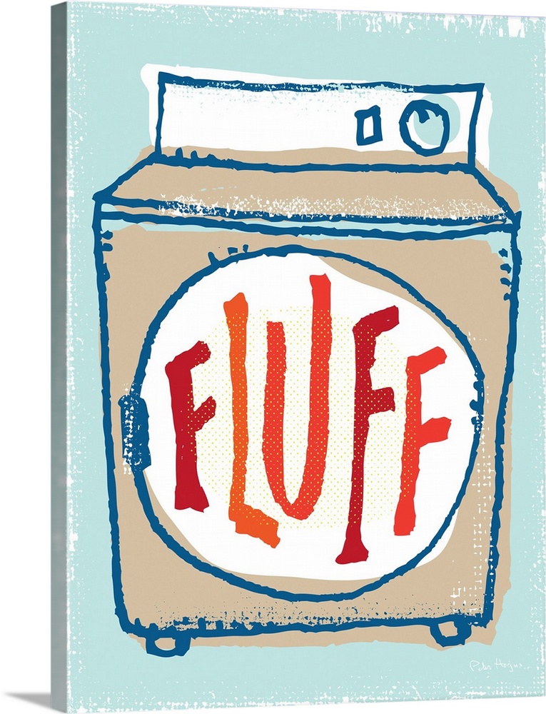Illustration of a laundry clothes dryer with the words Fluff on it.