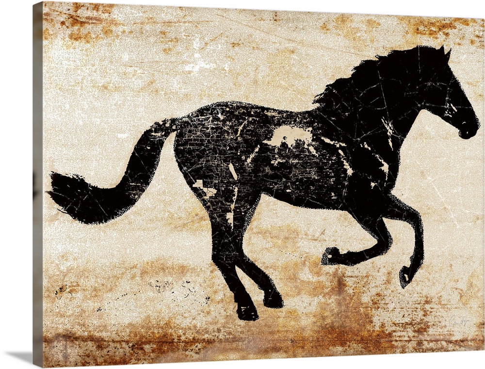 Galloping black horse profile on a textured rust background.