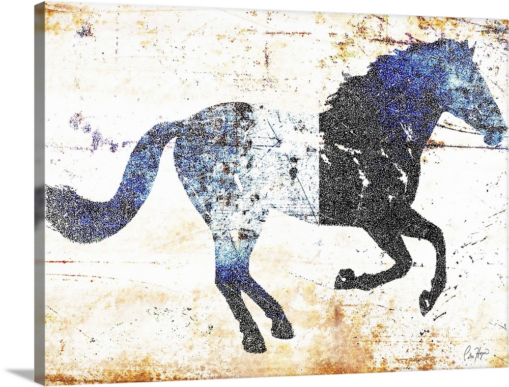Galloping blue and black horse profile on a textured rust background.