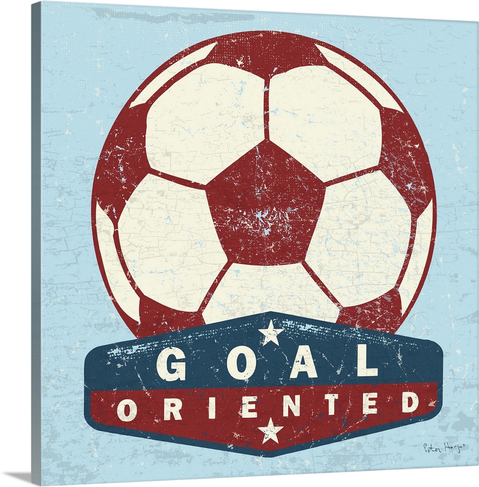 Distressed  large red soccer ball with a typography saying Goal Oriented.