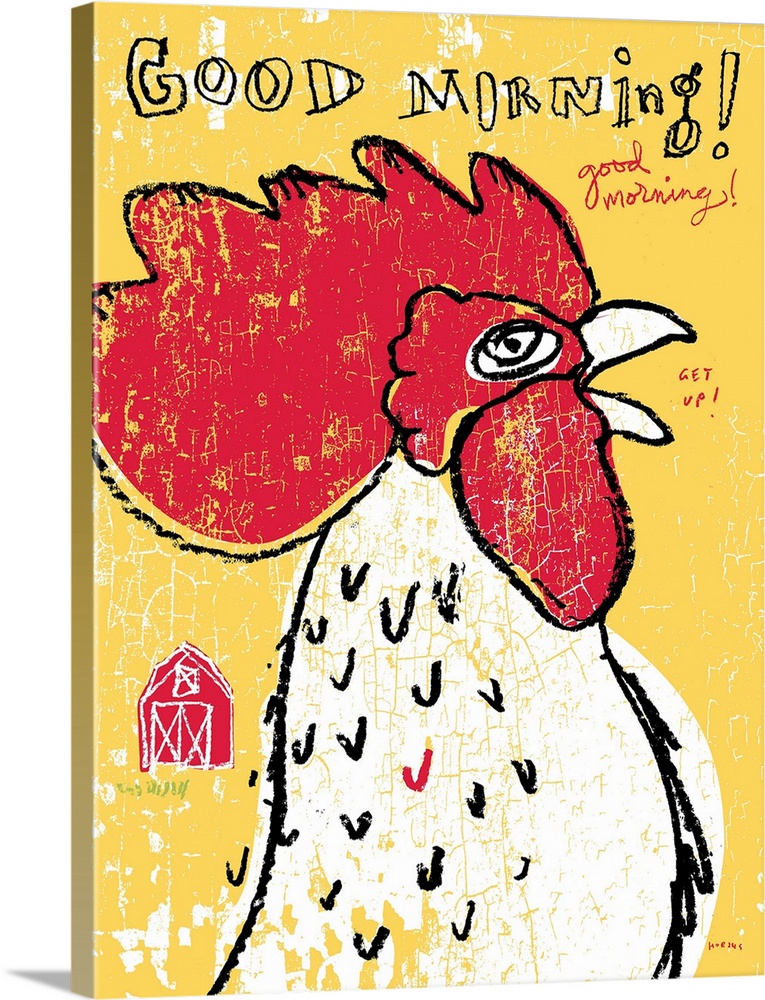 Illustration art of a rooster calling out Good Morning!