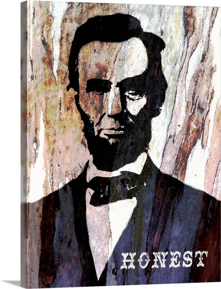 Graphic portrait of President Abe Lincoln with the word Honest on his chest and a tree trunk bark for a background.