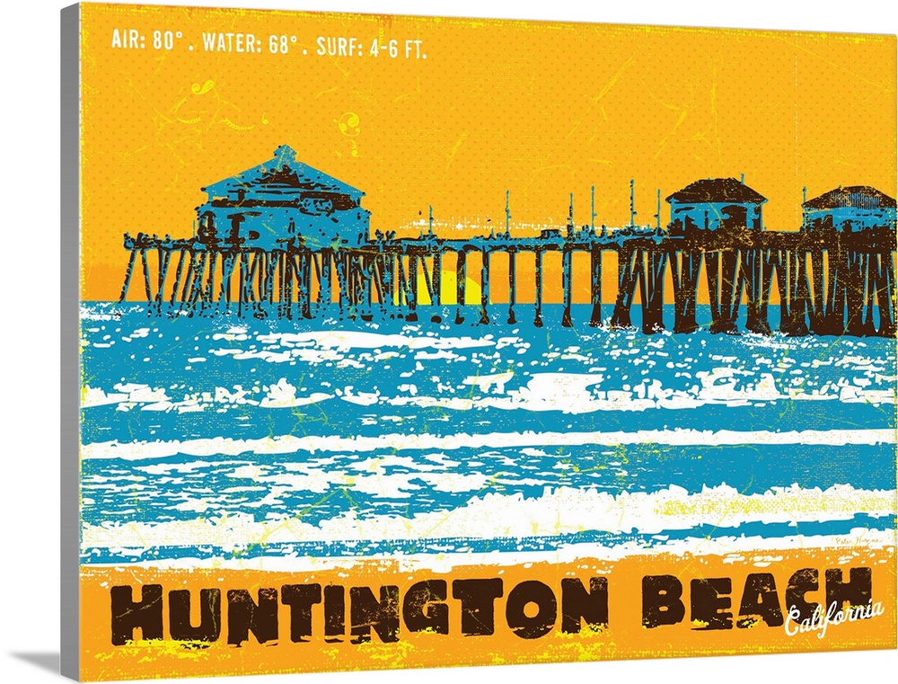 Huntington Beach Pier at sunset, waves and sand in the foreground, graphically portrayed in strong color like the Endless ...