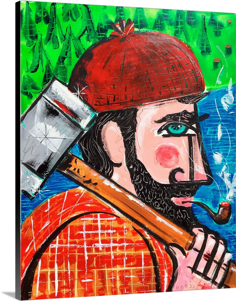 Painting of a lumberjack with red flannel shirt, beanie, and an axe over his shoulder.