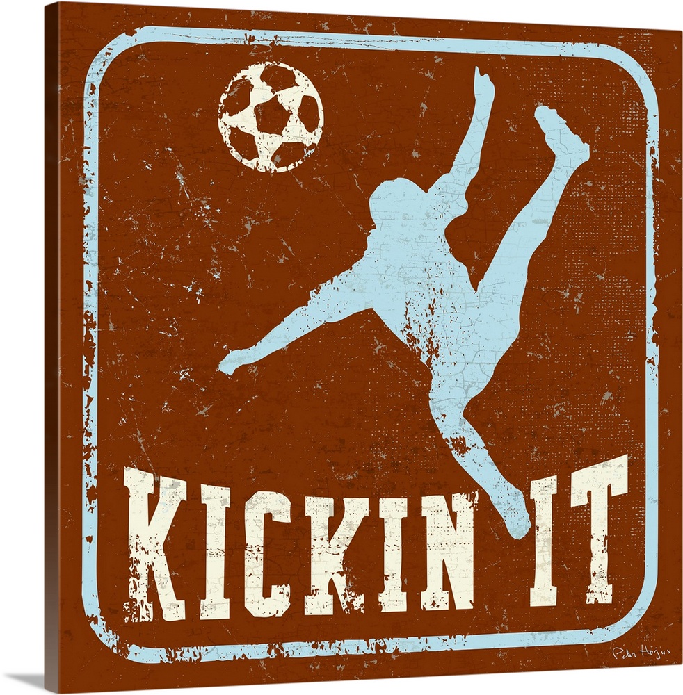 Distressed image of soccer player kicking a soccer ball with the words Kickin' It underneath.