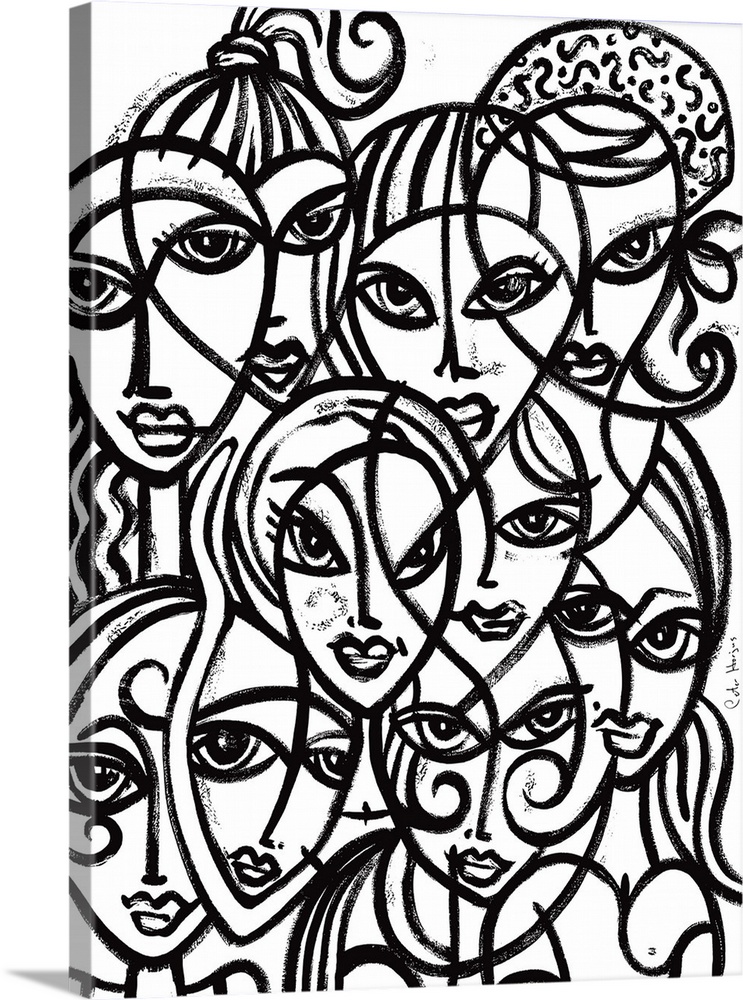A black and white painting of overlapping fashionable women's faces in thick black painterly lines.