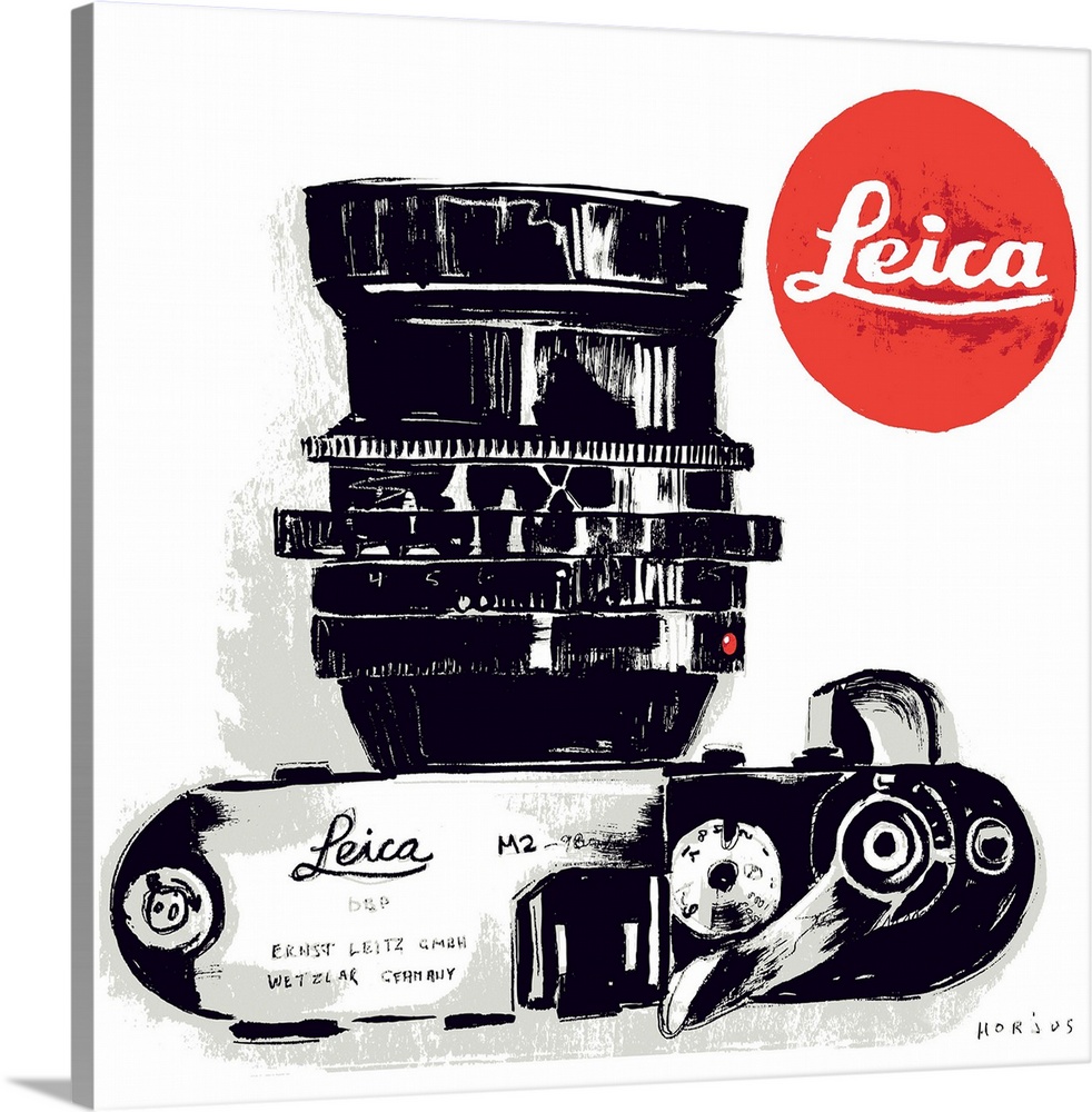 A brush wash painting of a Leica camera with the red dot Leica logo.