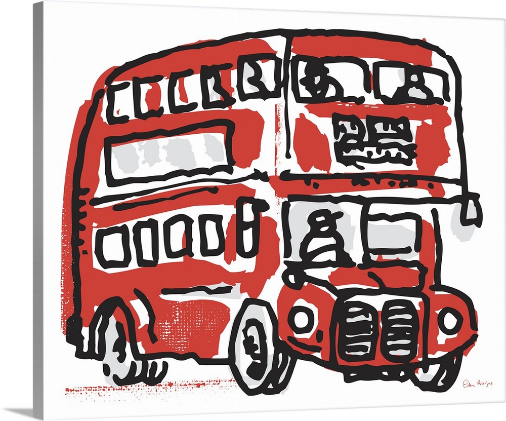 A simple pen and ink line drawing of an old red London double decker bus.