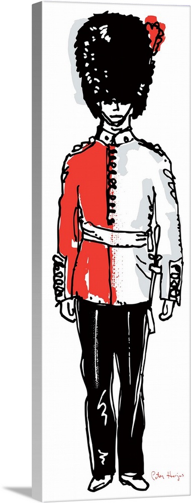 A simple pen and ink line drawing in black and red of a London guard standing.
