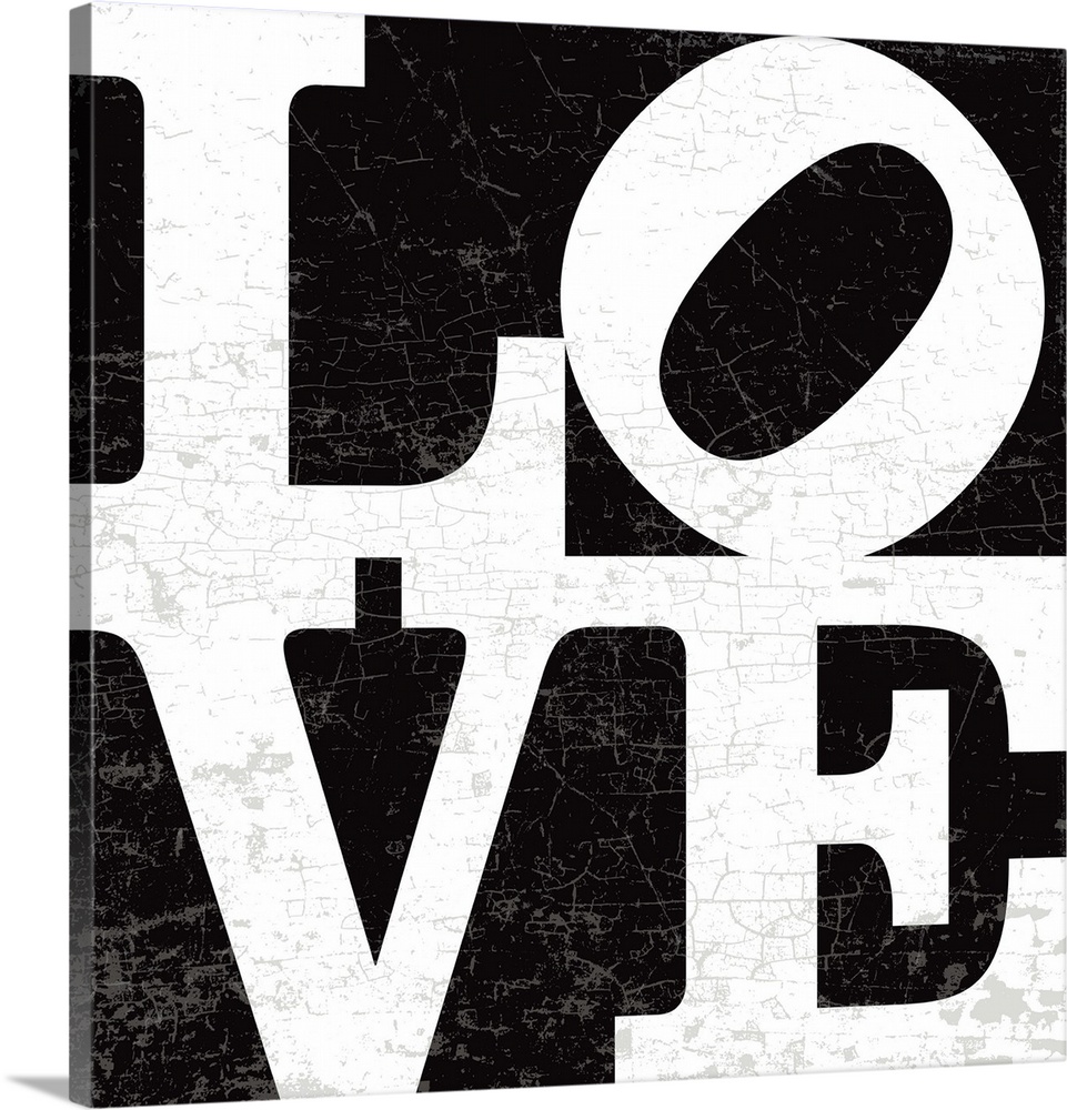 A LOVE graphic with bold and distressed typography in black.