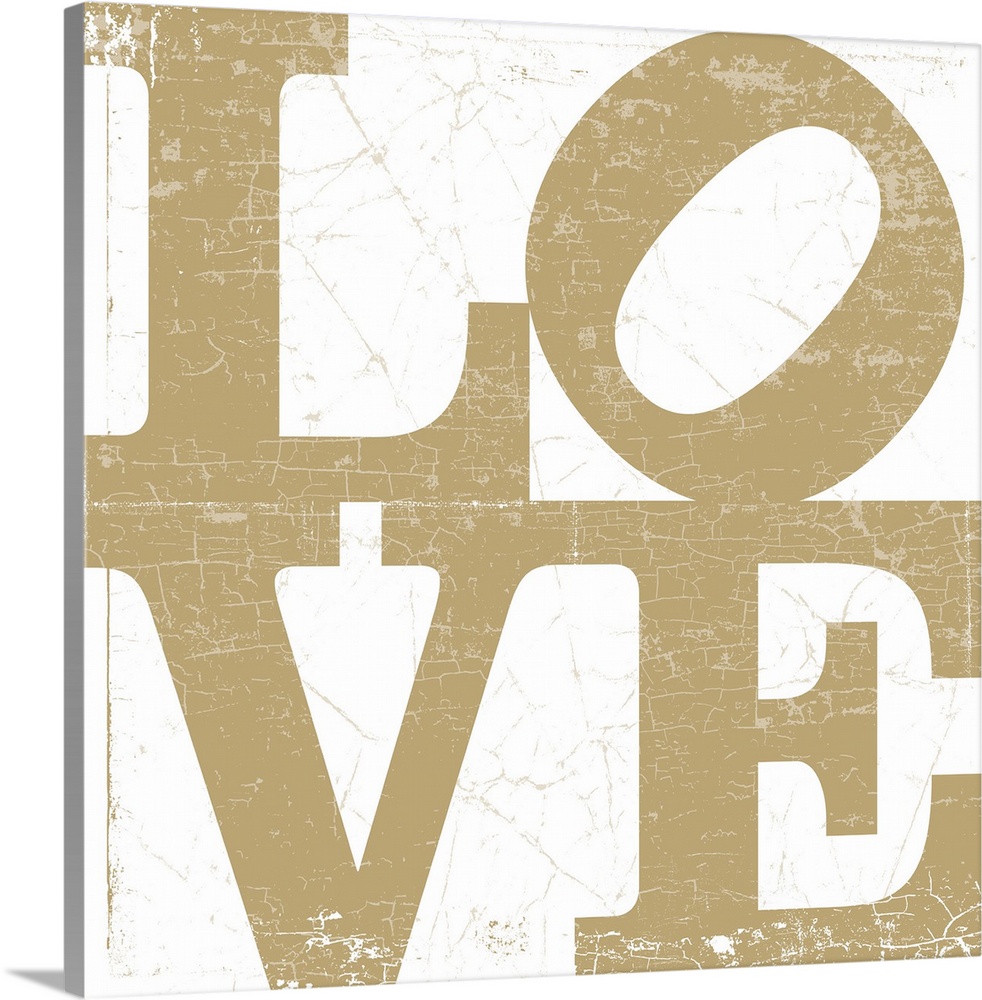 A LOVE graphic with bold and distressed typography in gold.